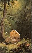 Carl Spitzweg Der Maler auf einer Waldlichtung, unter einem Schirm liegend oil